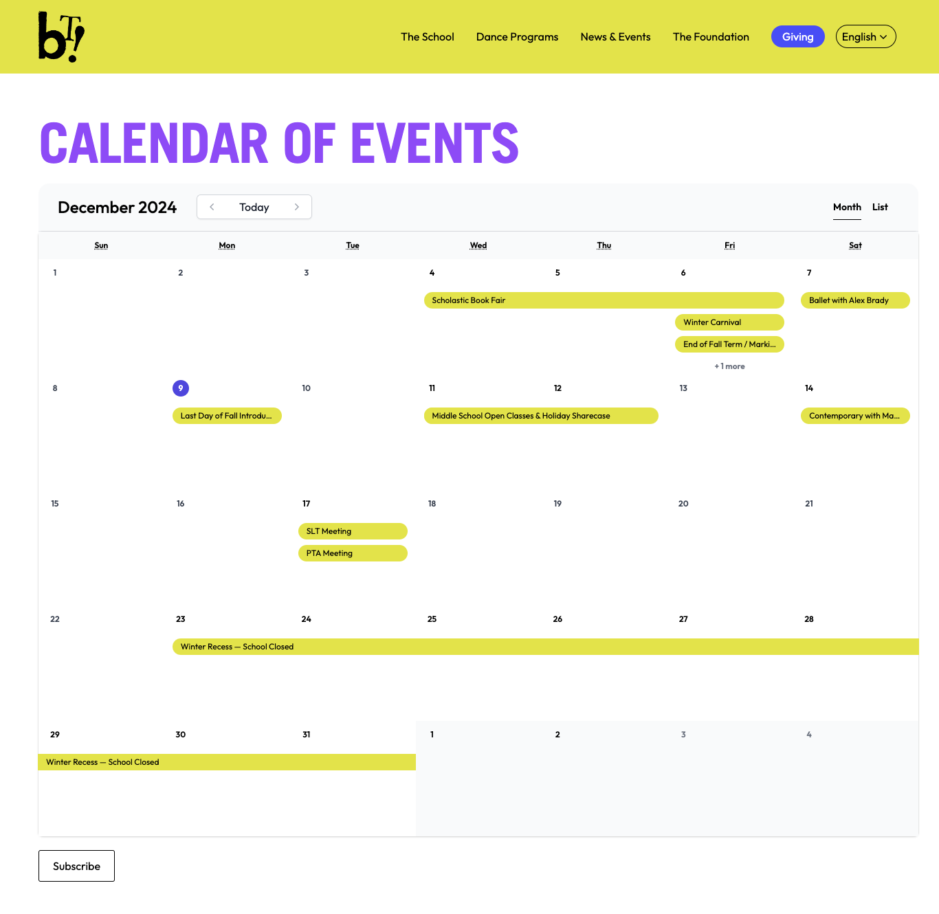 Ballet Tech School Calendar Page