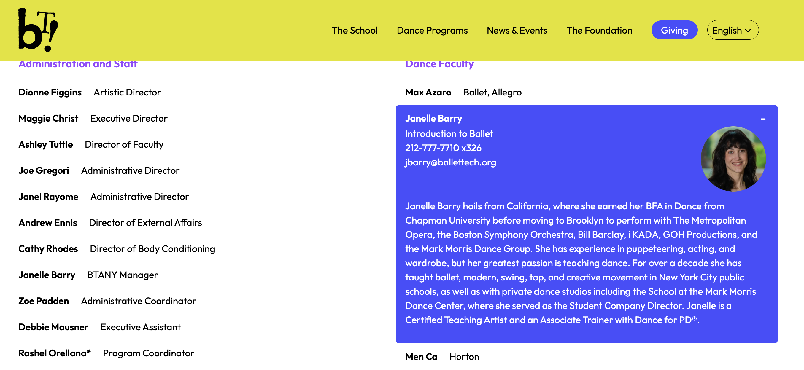 Ballet Tech School Faculty Page